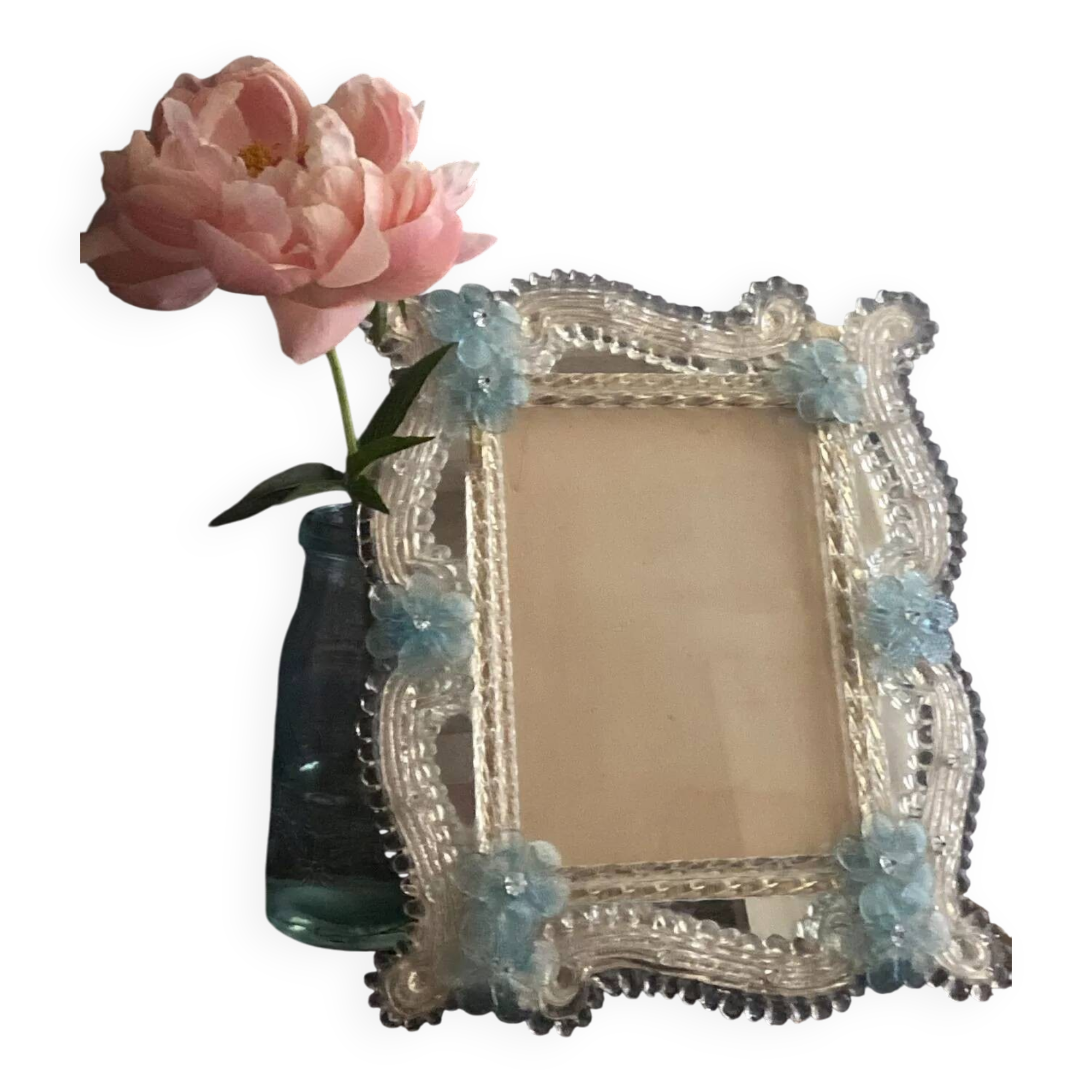 Miroir rectangulaire en verre de Murano aux fleurs bleues – Années 50