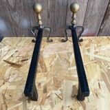 Pair of Antique Black Cast Iron + Vintage Bronze Fireplace Andirons