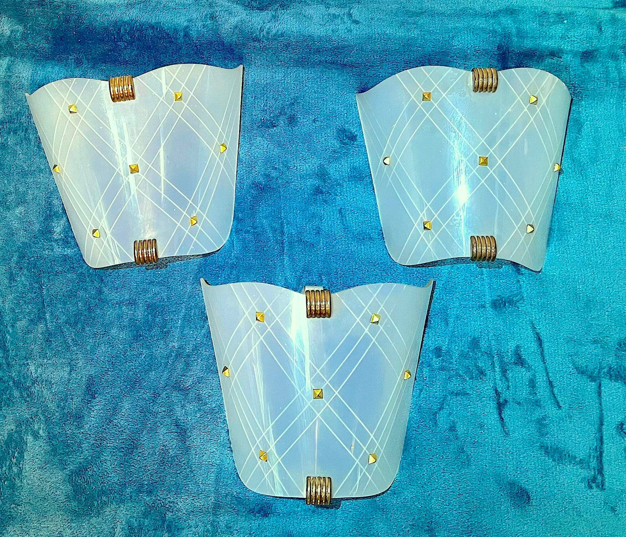 Three vintage wall lamps in perspex and brass Rockabilly style, France 50's
