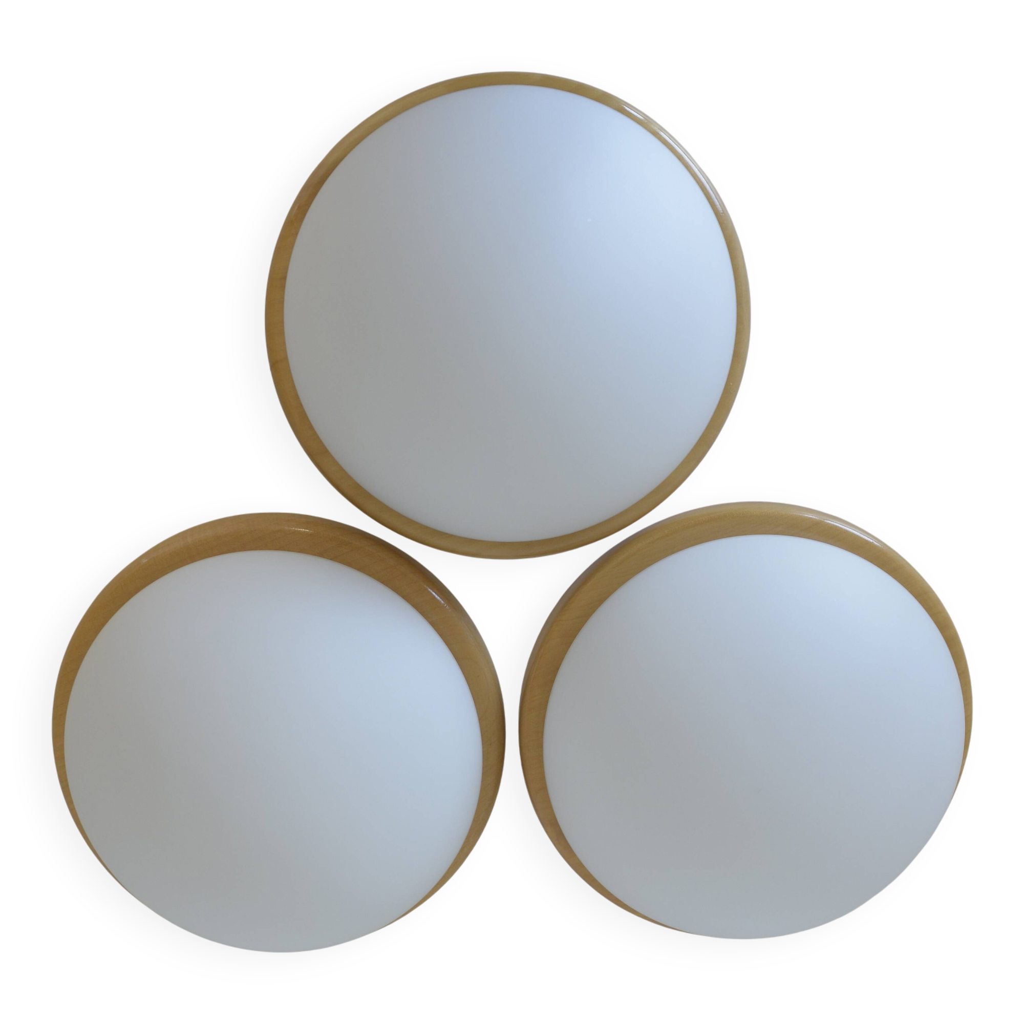 Set of 3 vintage sconces wood glass minimalist wall lamps flush mount light