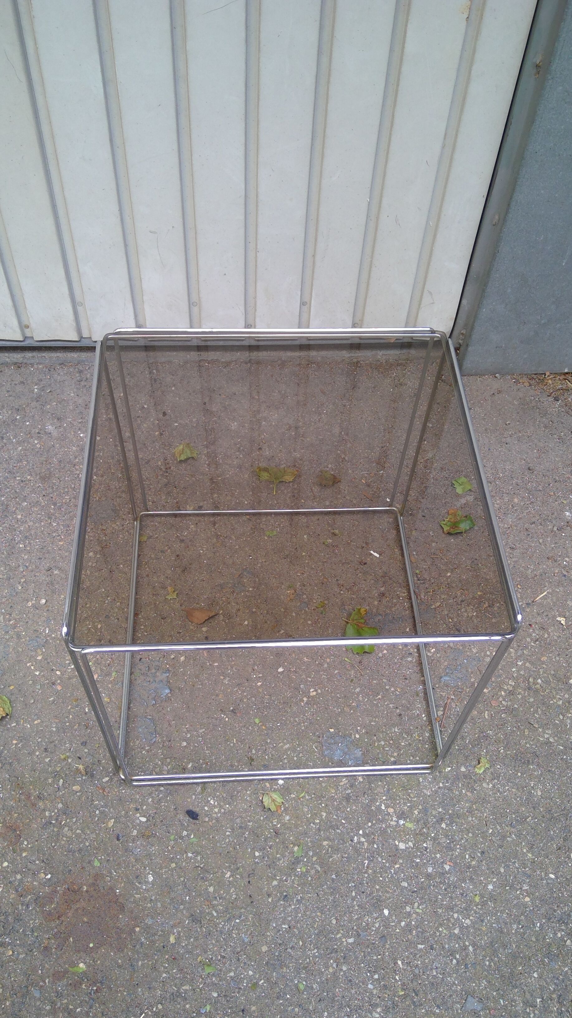 Square coffee table of Max Sauze in chromed structure and glass circa 70
