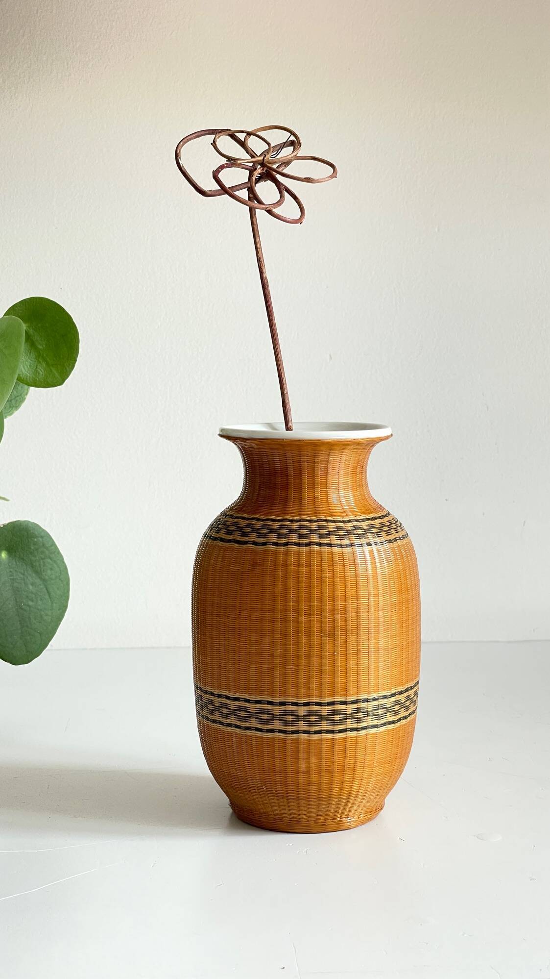 VINTAGE Woven Bamboo and Fine Porcelain VASE
