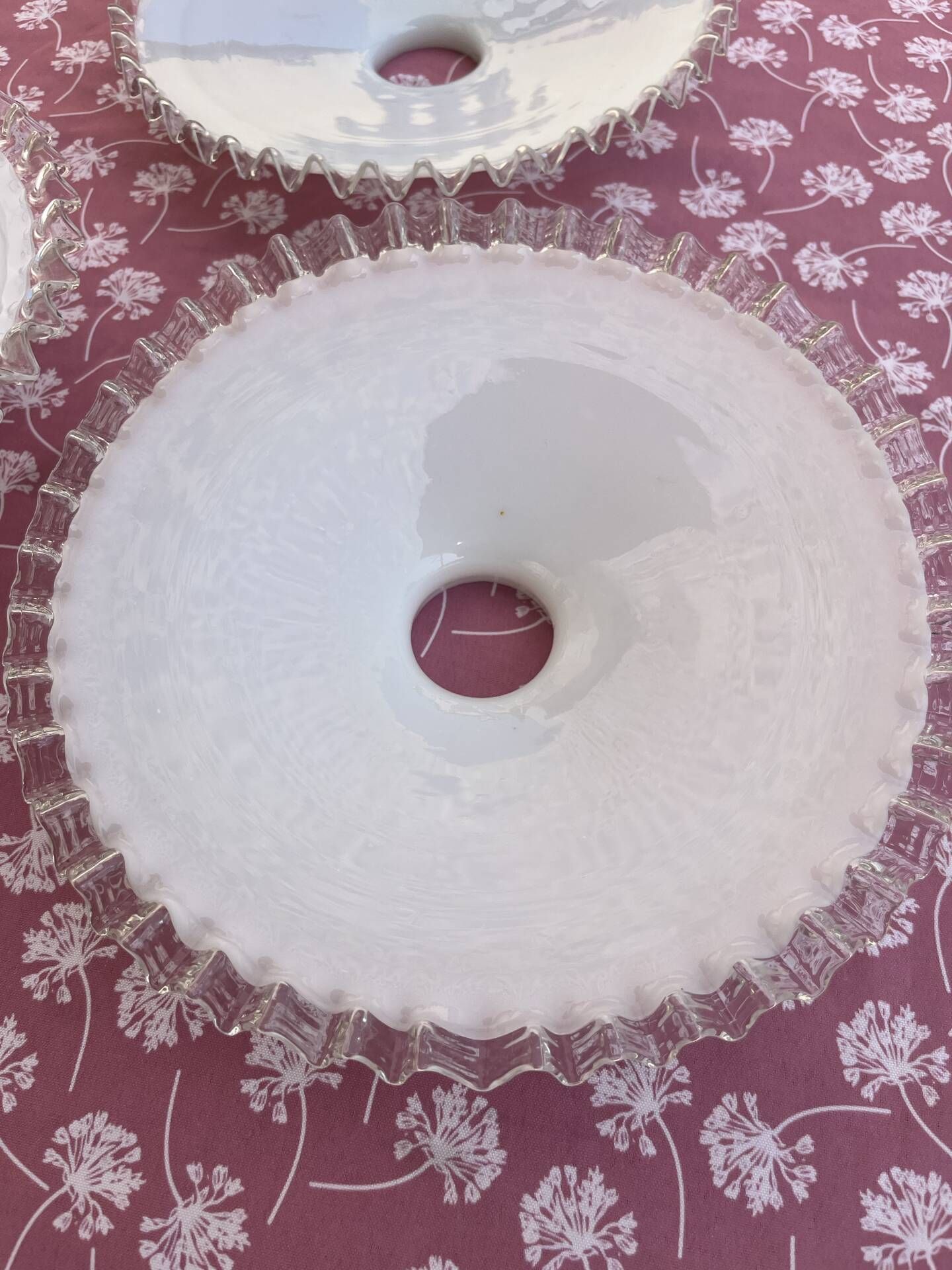 Set of 3 white opaline pendant lamps with scalloped collar.