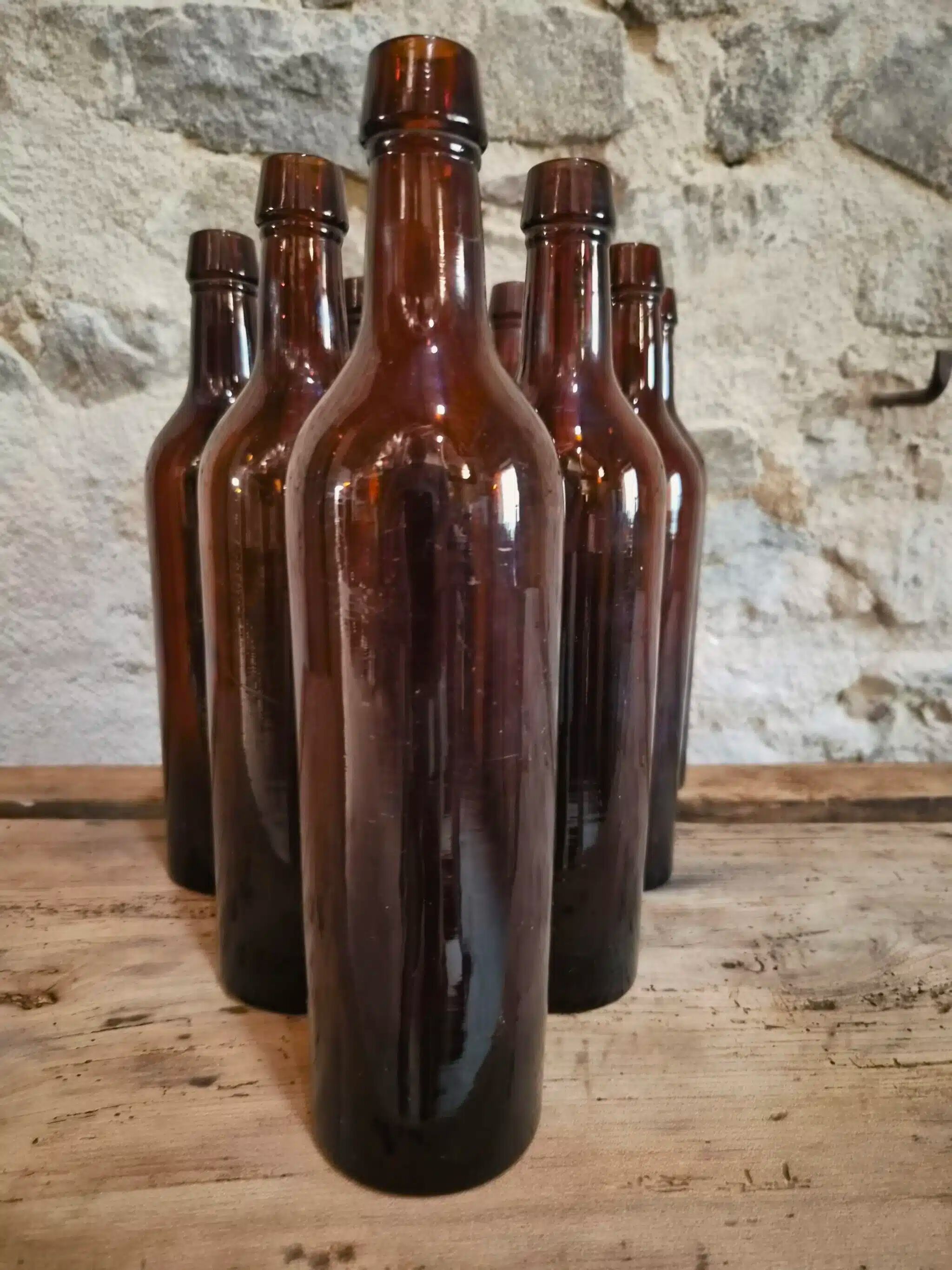 Set of 10 bottles of old Bordeaux French wine in ruby brown glass, 19th century.