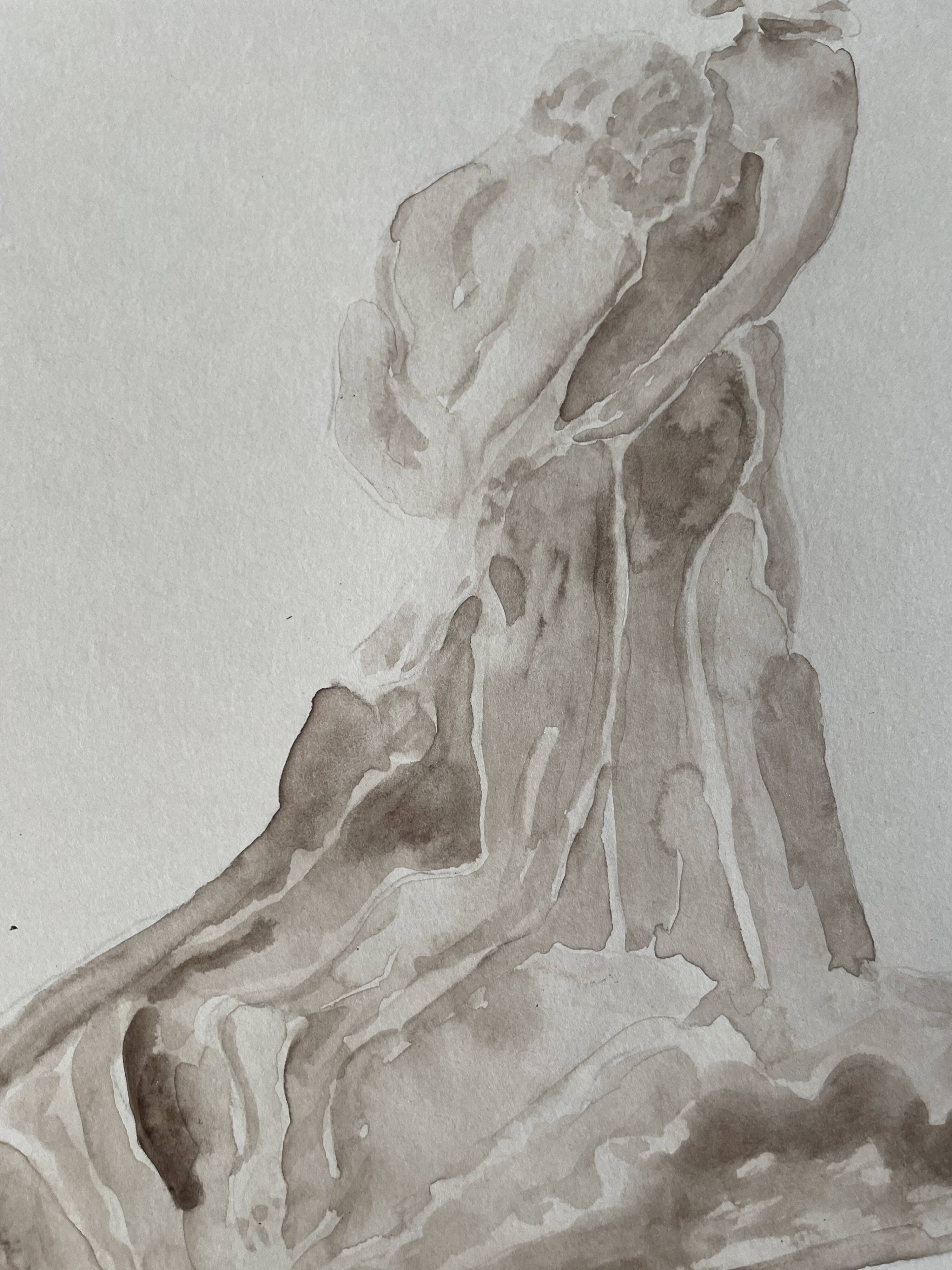 Painting signed sepia monochrome watercolor study of the statue “the eternal idol of Rodin”
