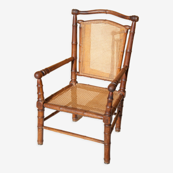 Fauteuil canné bois imitation bambou, fauteuil colonial, décoration intérieur