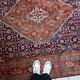 1940s vintage wool medallion rug, red and navy, 206 × 320 cm