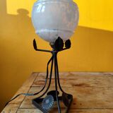 Art Deco lamp in metal and speckled blue opaline glass globe