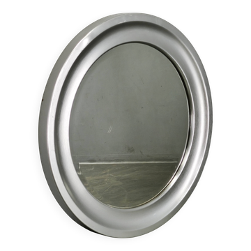 1970s Italian Space Age Round Wall Mirror with Silver Frame