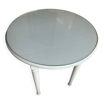 White wooden side table with glass top