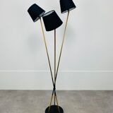 Floor lamp 3 arms 50 years brass and black lacquer for house Arlus