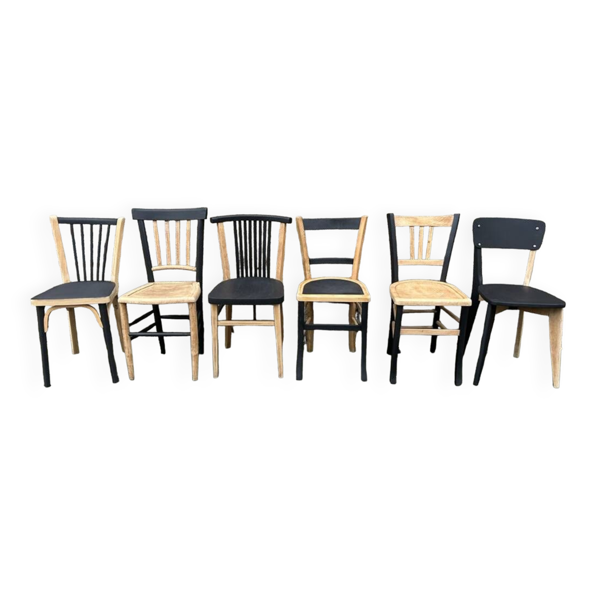 Suite of 6 Baumann, Gascoin, Luterma bistro chairs, redesigned, raw wood and matte black.