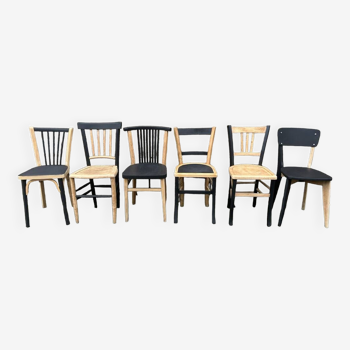 Suite of 6 Baumann, Gascoin, Luterma bistro chairs, redesigned, raw wood and matte black.