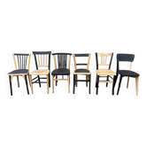Suite of 6 Baumann, Gascoin, Luterma bistro chairs, redesigned, raw wood and matte black.