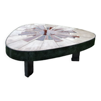 Tripod coffee table in ceramic and metal by Barrois Vallauris 60s 70s