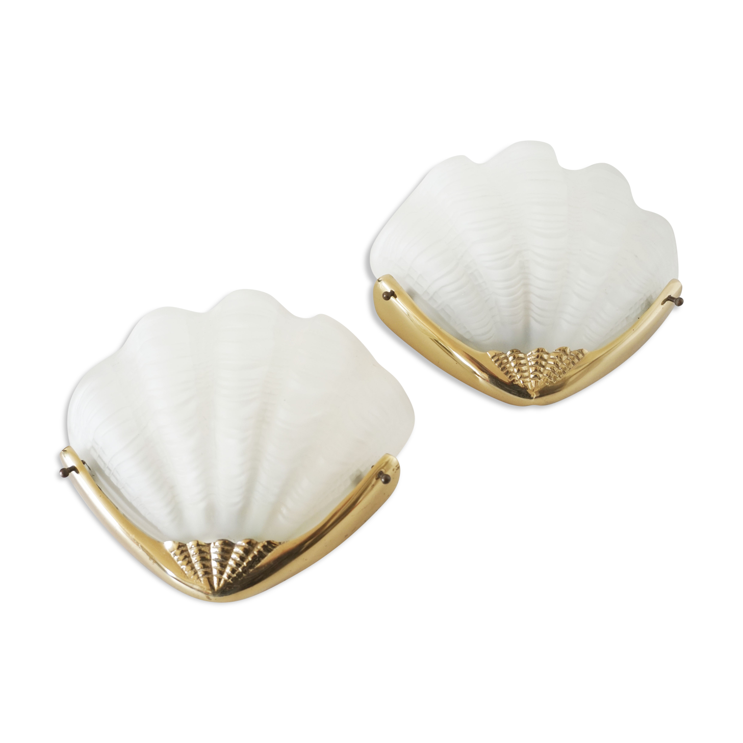 Pair of glass and gold metal shell sconces