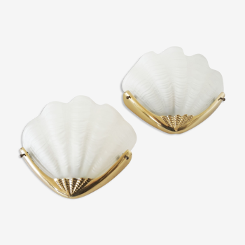 Pair of glass and gold metal shell sconces