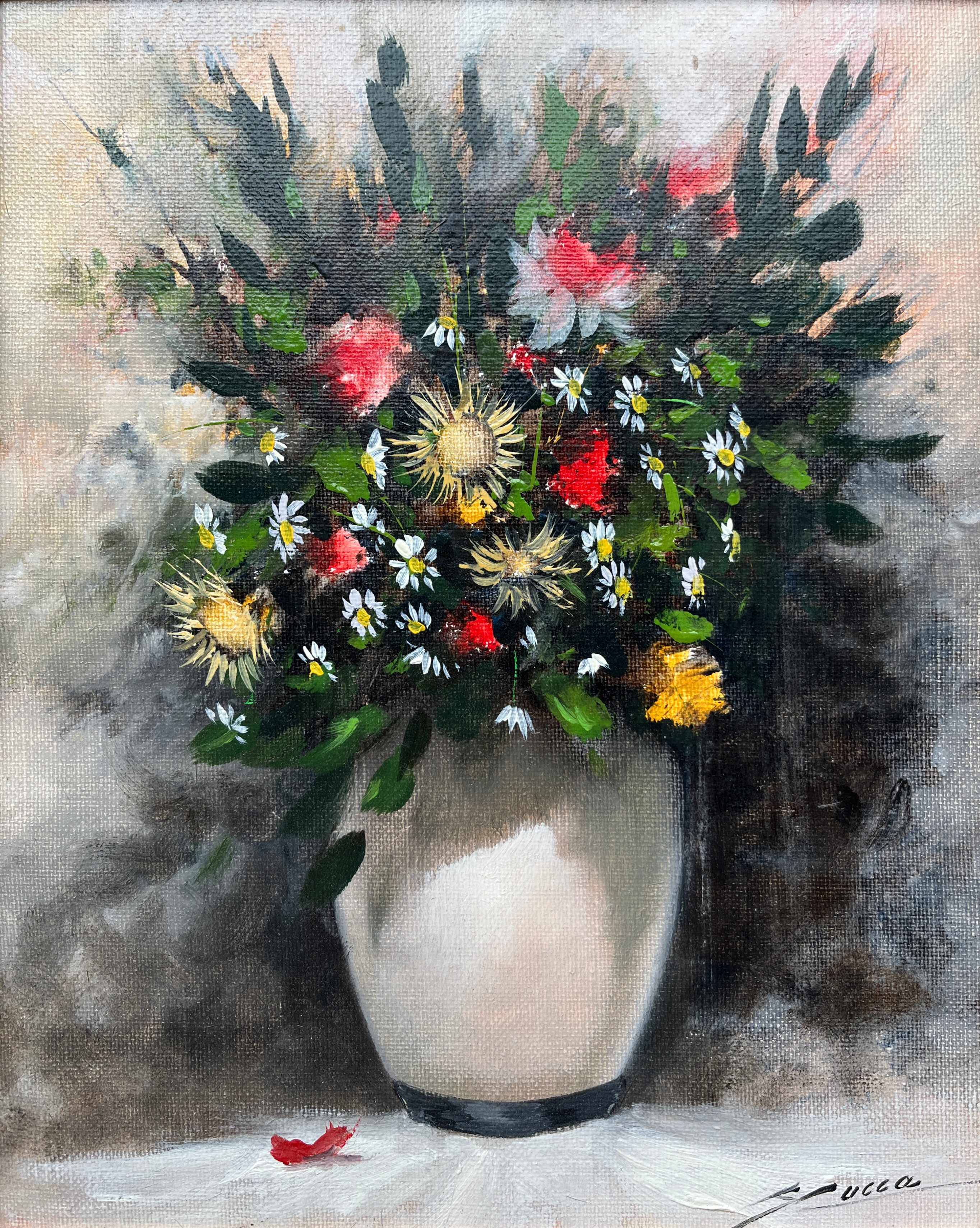 HST painting "Bouquet of wild flowers" signed Serge Cucca (1946) + frame