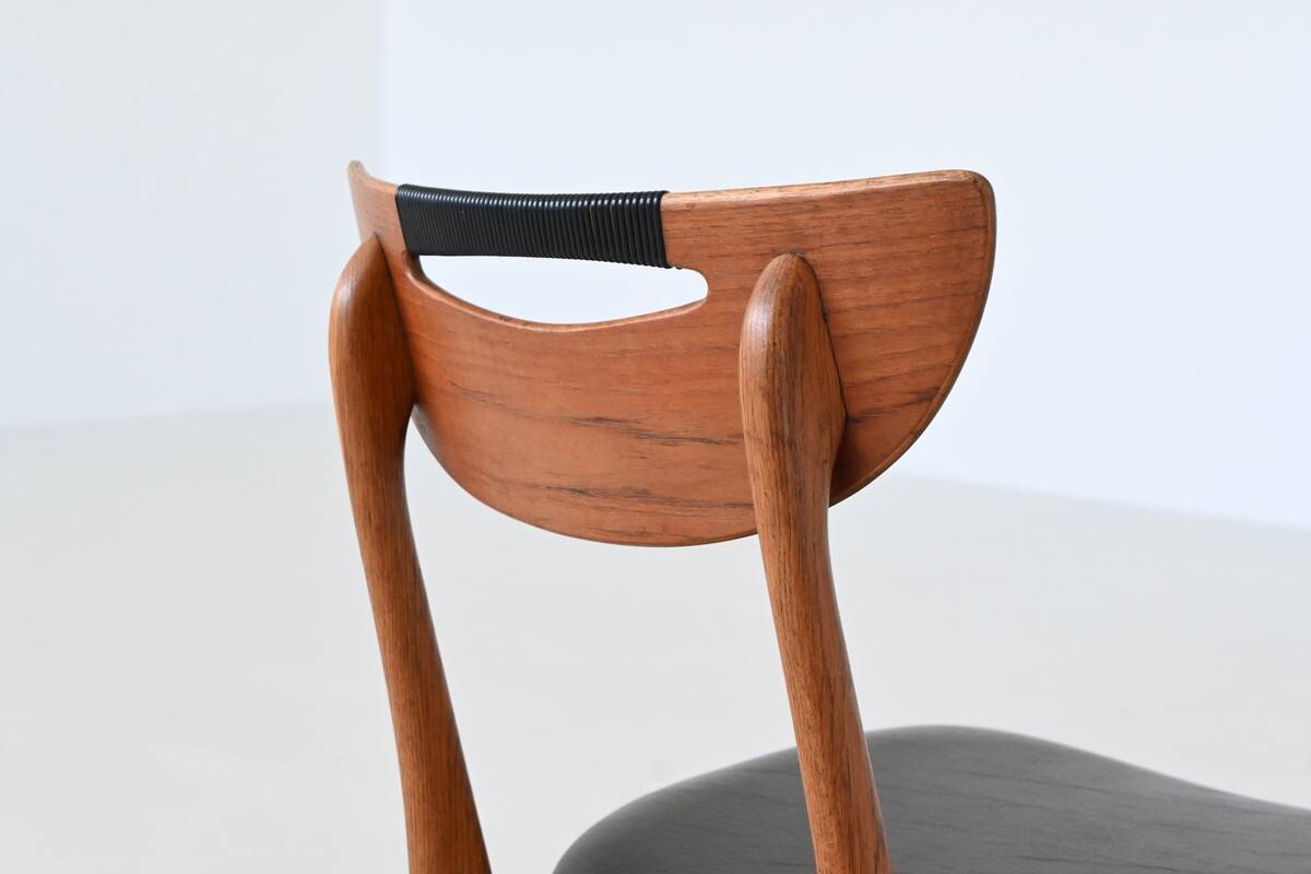 Set of six Danish dining chairs in teak and faux leather Denmark 1960