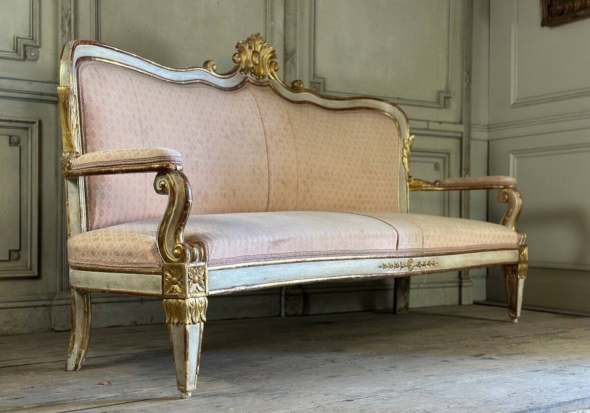 Baroque style bench in gilded and painted wood, Italy, 19th century