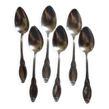 A set of 6 silver-plated metal soup spoons with foliage design.