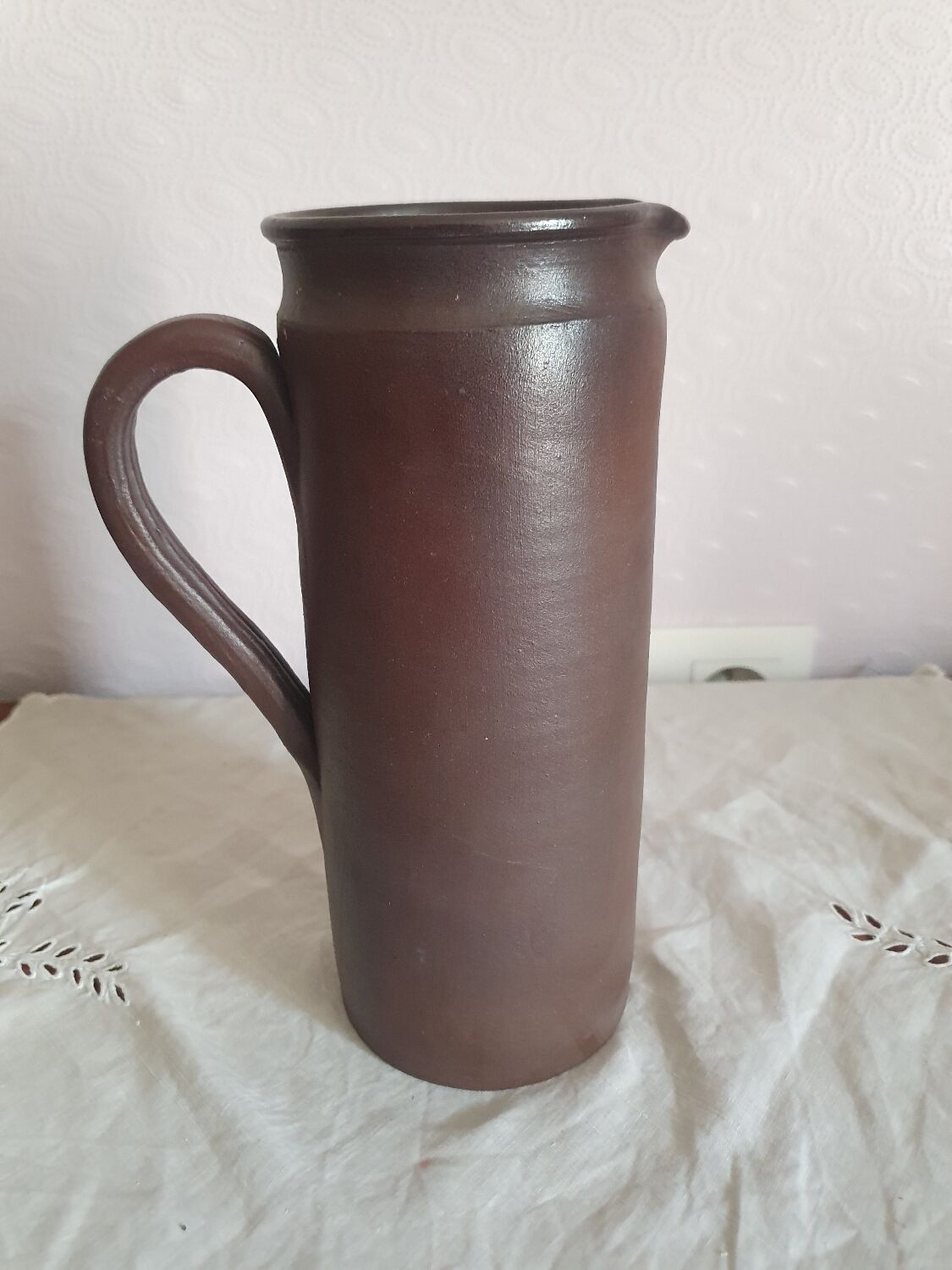 Vintage enameled stoneware pitcher signed