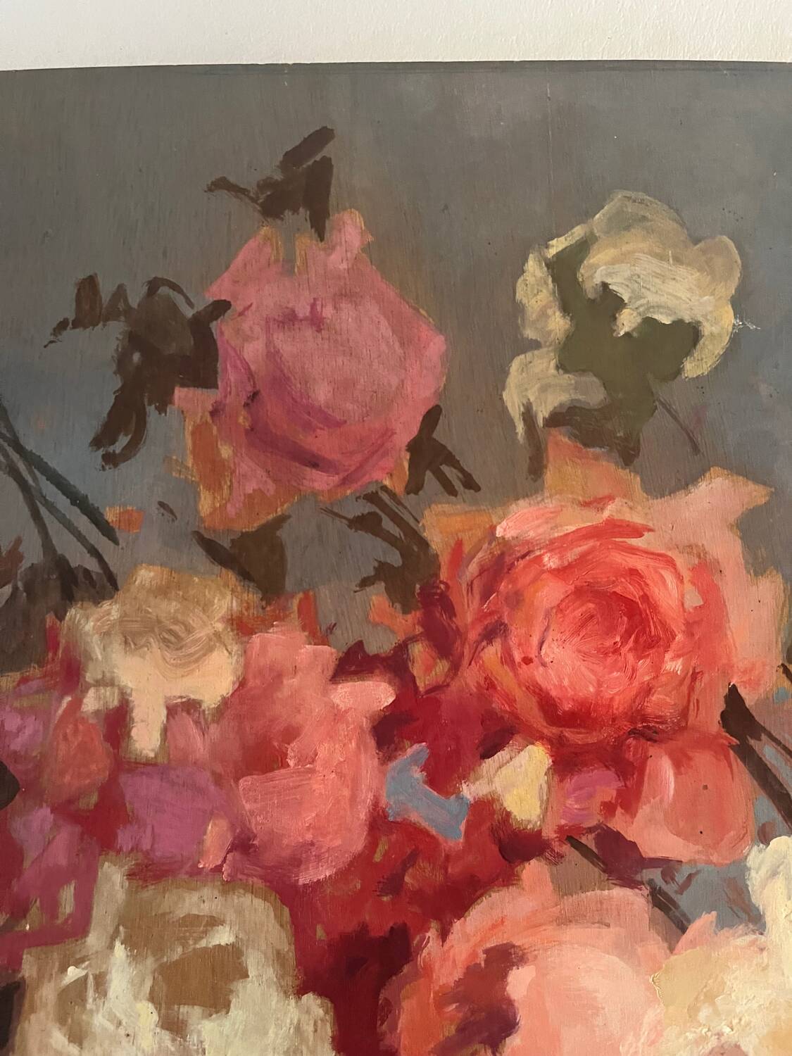 Large bouquet of roses, oil on wood panel, signed