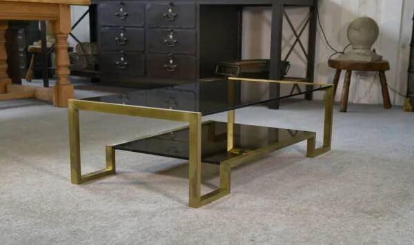 Designer coffee table with brass structure and black smoked glass, 1970s