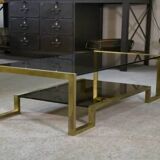 Designer coffee table with brass structure and black smoked glass, 1970s