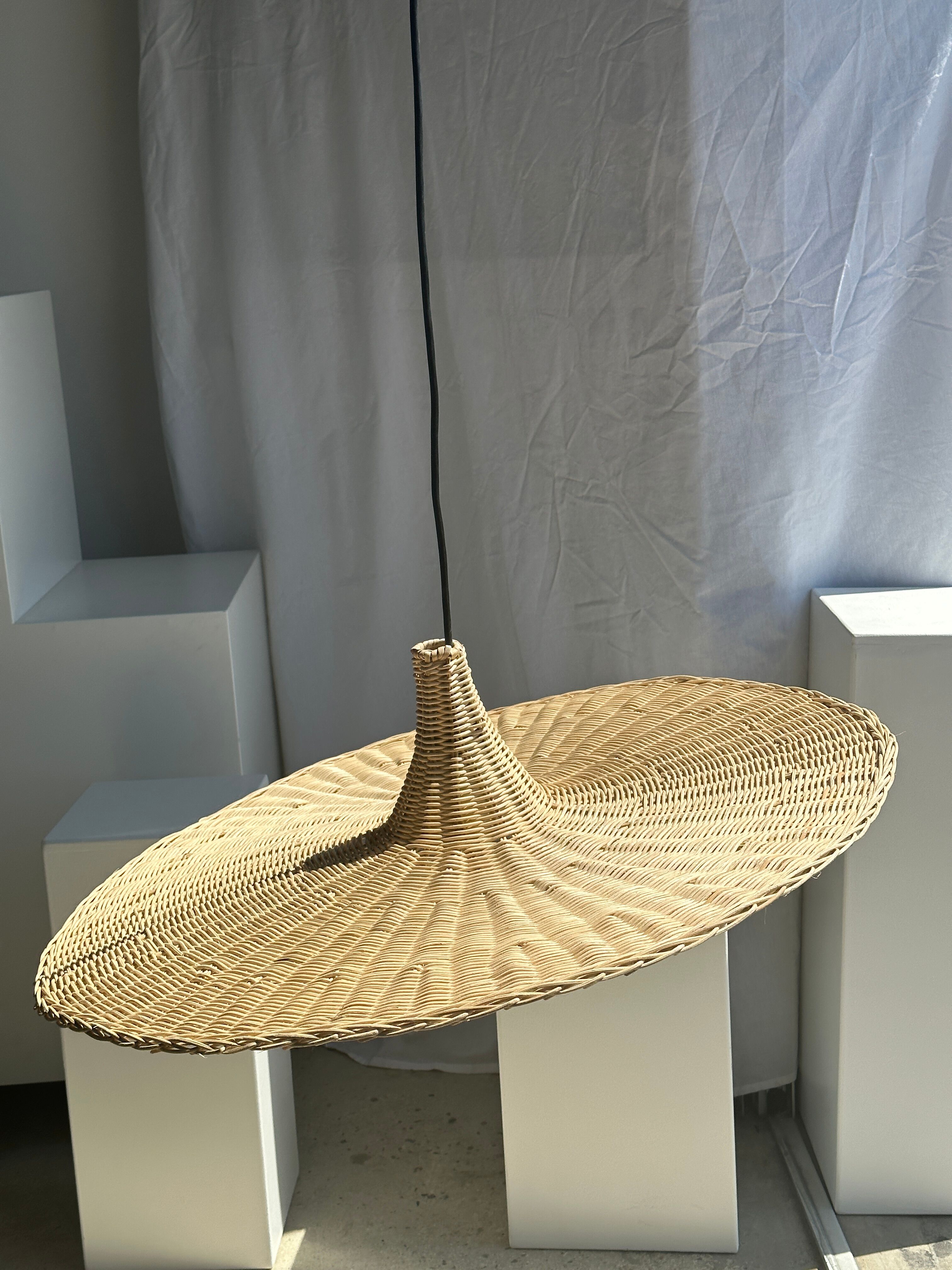 Large suspension, rattan luminaire in hat shape D:80cm