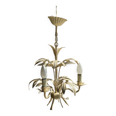 Petit lustre vintage floral en métal peint crème à 3 bras de lumière H40 D3
