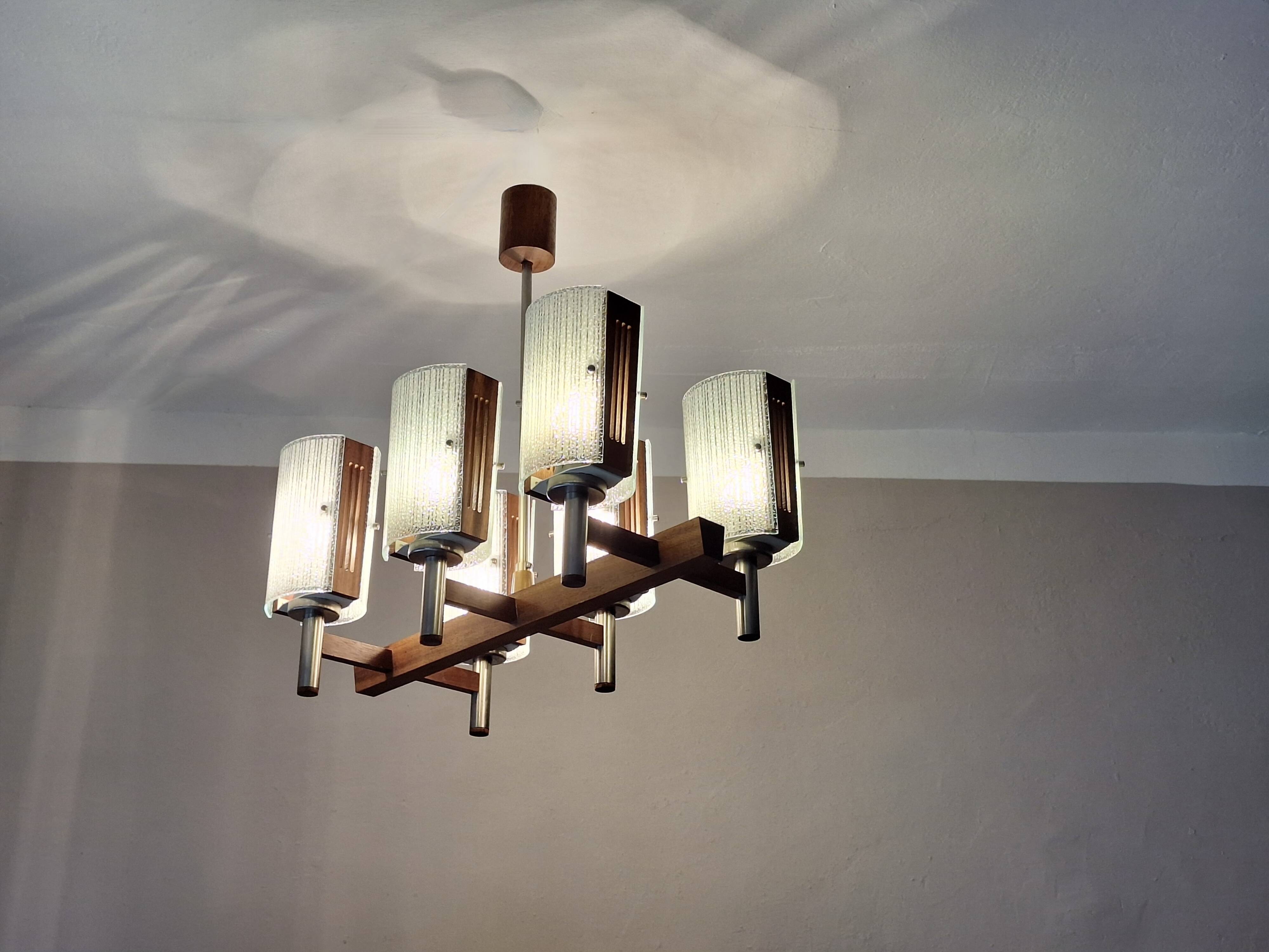 Brutalist teak and art glass chandelier, Italy 1960s