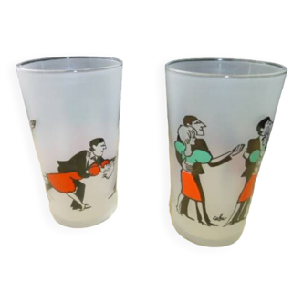 Pair of glasses with decoration signed Cabu Verrerie Mécanique Champenoise