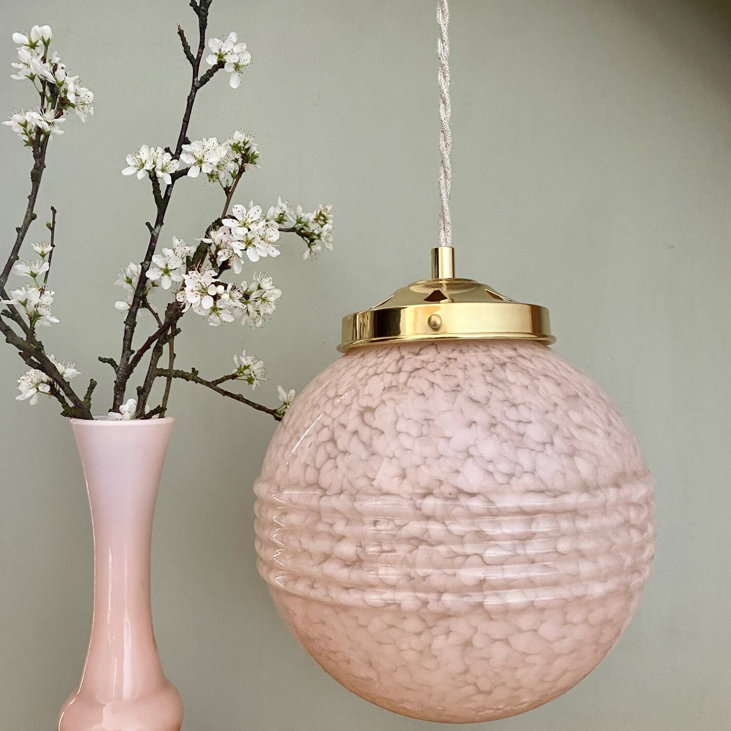 Vintage art deco globe pendant light in pale pink Clichy glass