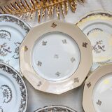 8 petites assiettes vintage dépareillées en porcelaine française Limoges, Orchies - motifs fleurs dorées et oiseau