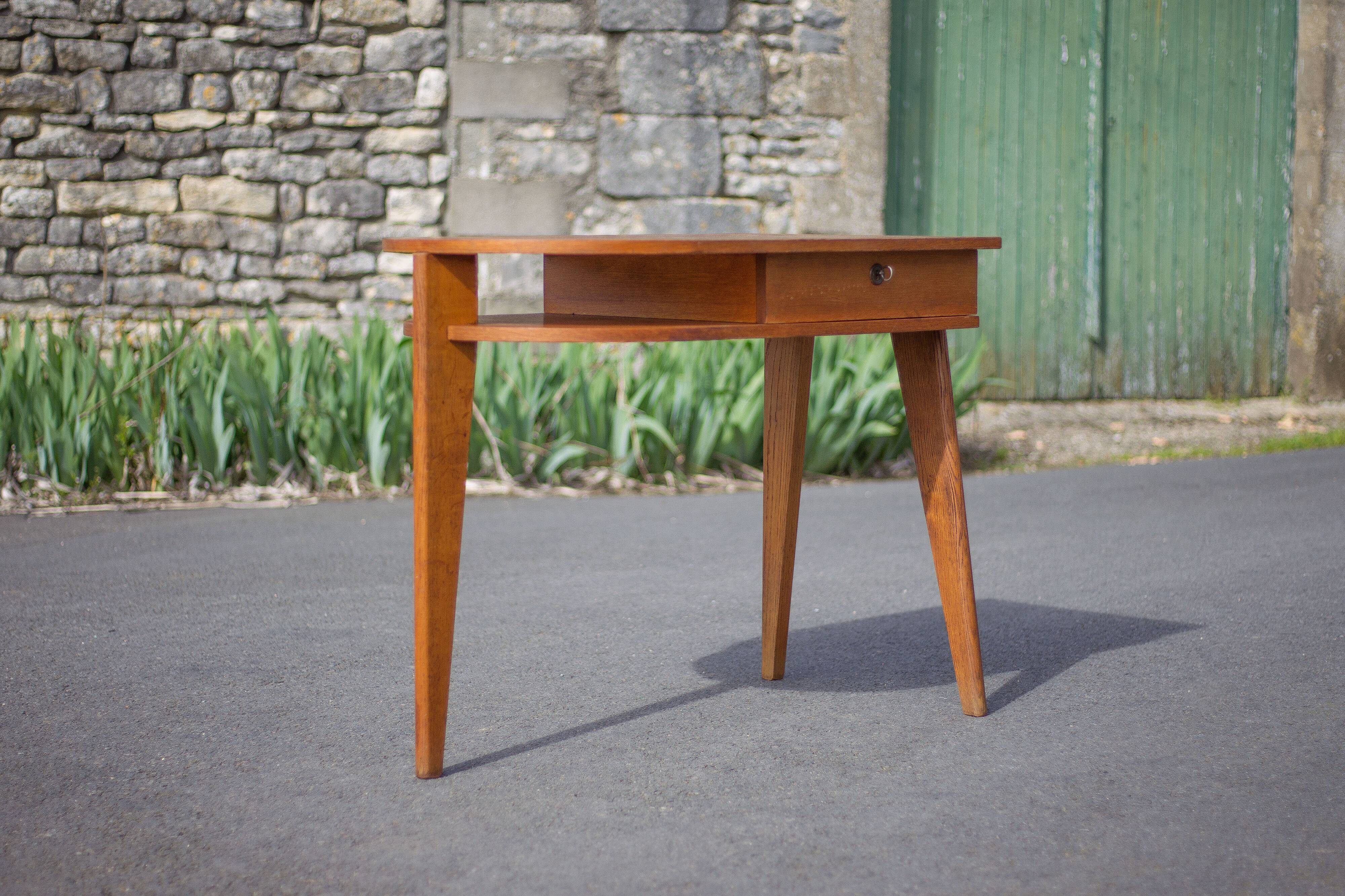 desk, tripod wooden desk, small French designer desk, modernist desk, 50's