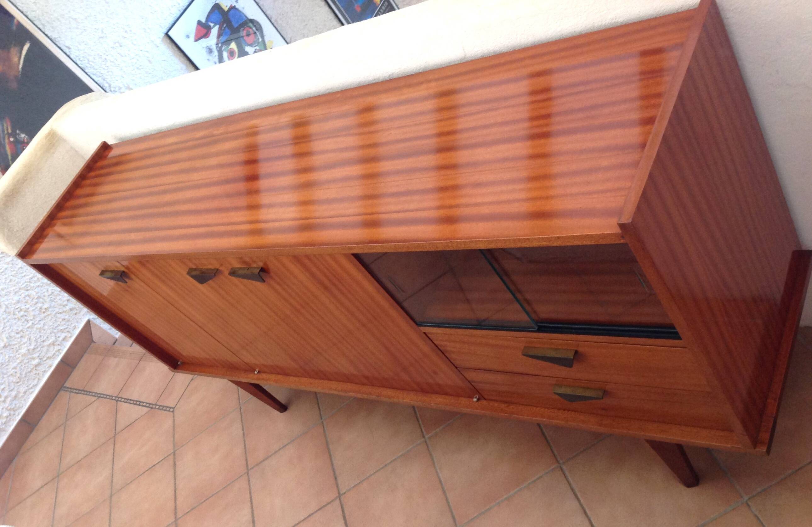 Varnished wooden sideboard with glass storage / vintage 60s-70s