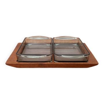 Danish teak plateau from the mid-century by Artiform with glass Cabaret trays from Holmegaard, 1960s, set of 3.
