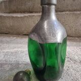 Vintage French green glass and pewter carafe - 1930s handcrafted bottle with stopper