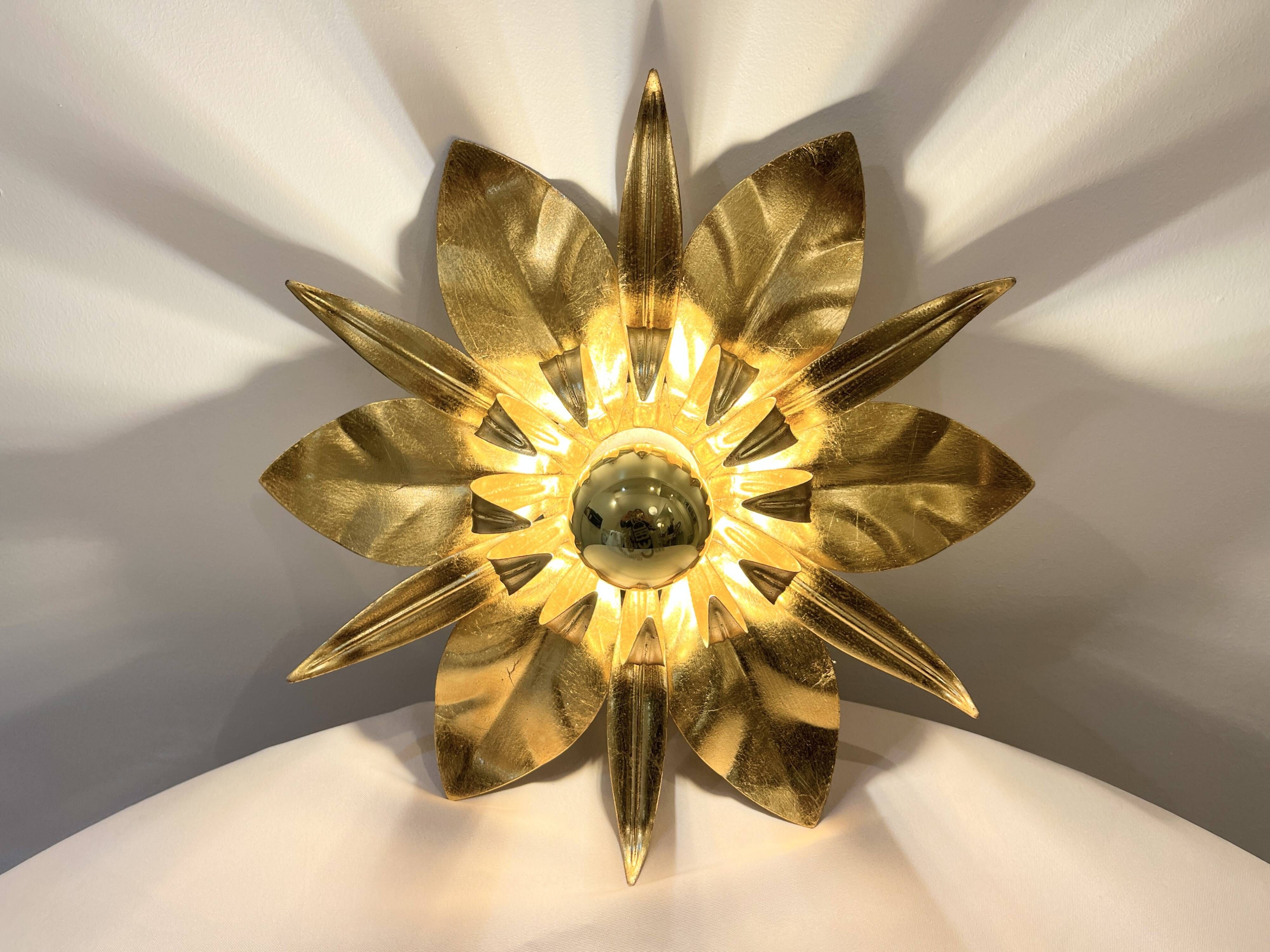Masca style gold leaf metal flower wall light, 1970-1980