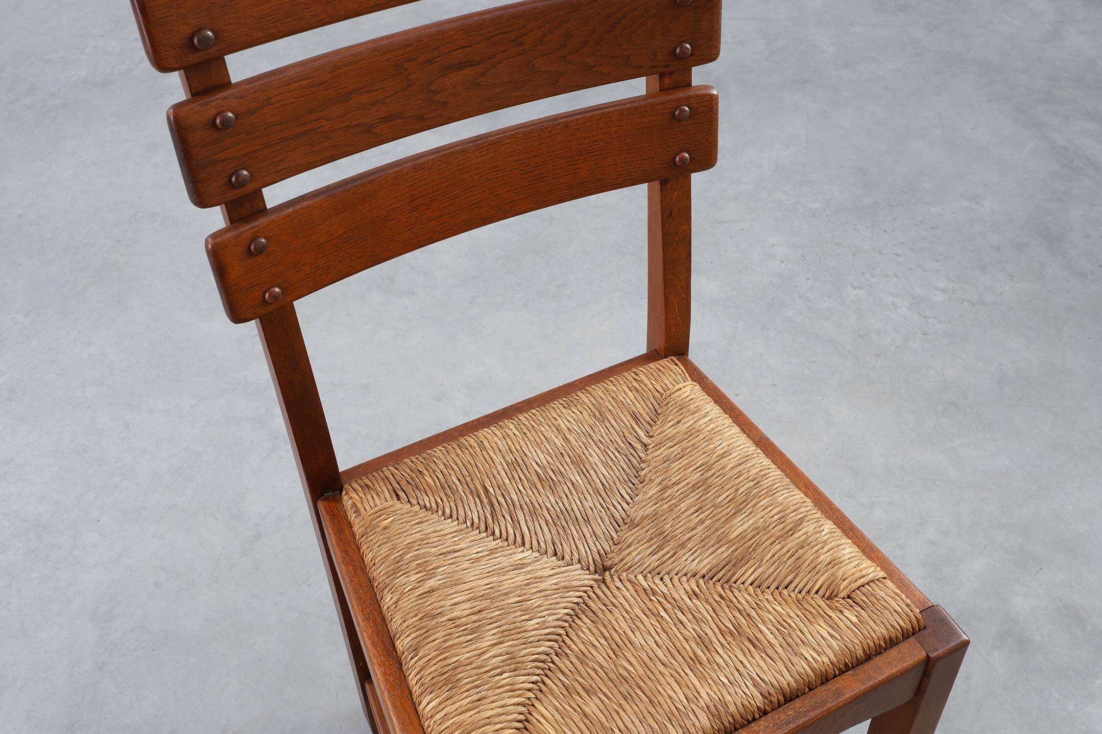 1960s Belgian Mid-Century Chair in Oak and Wicker, Brutalist Style