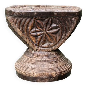 Brutalist candlestick, antique Asian grain sorter in carved wood.