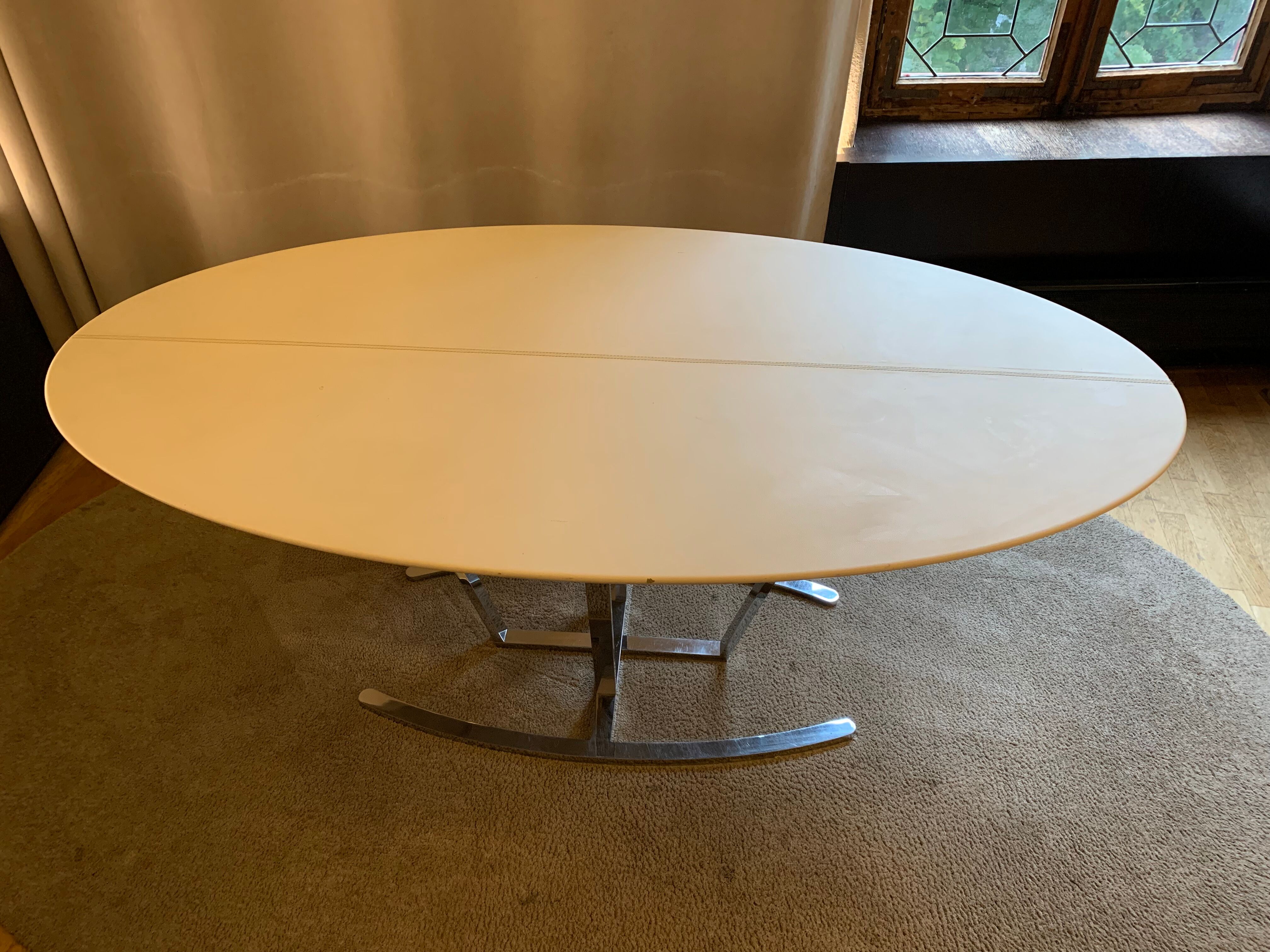 Oval tables white leather and stainless steel matrix with central stitching