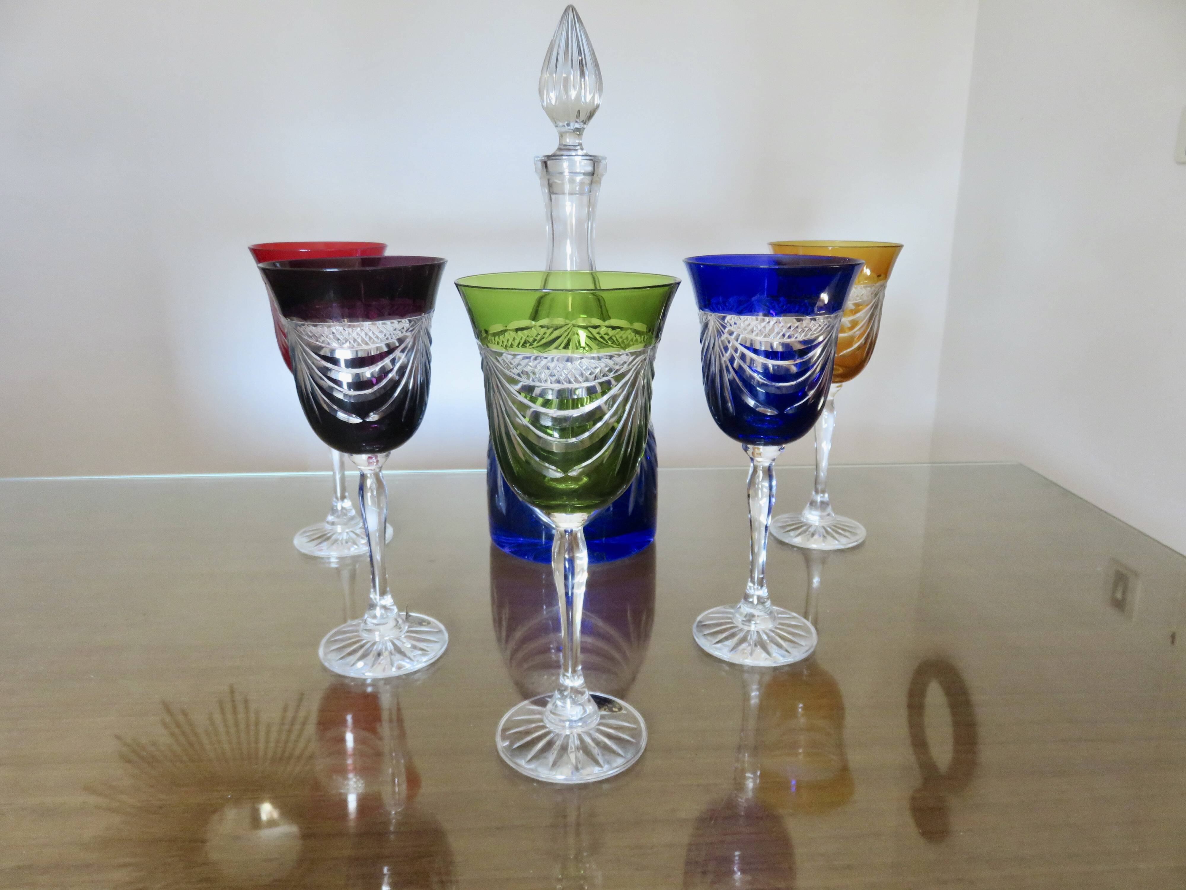 Service cristal couleur "Cristalleries de Lorraine" carafe et 5 verres