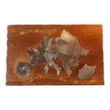 Wooden and stainless steel world map, folk art, 1974