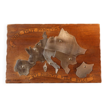 Planisphère en bois et inox, art populaire, 1974