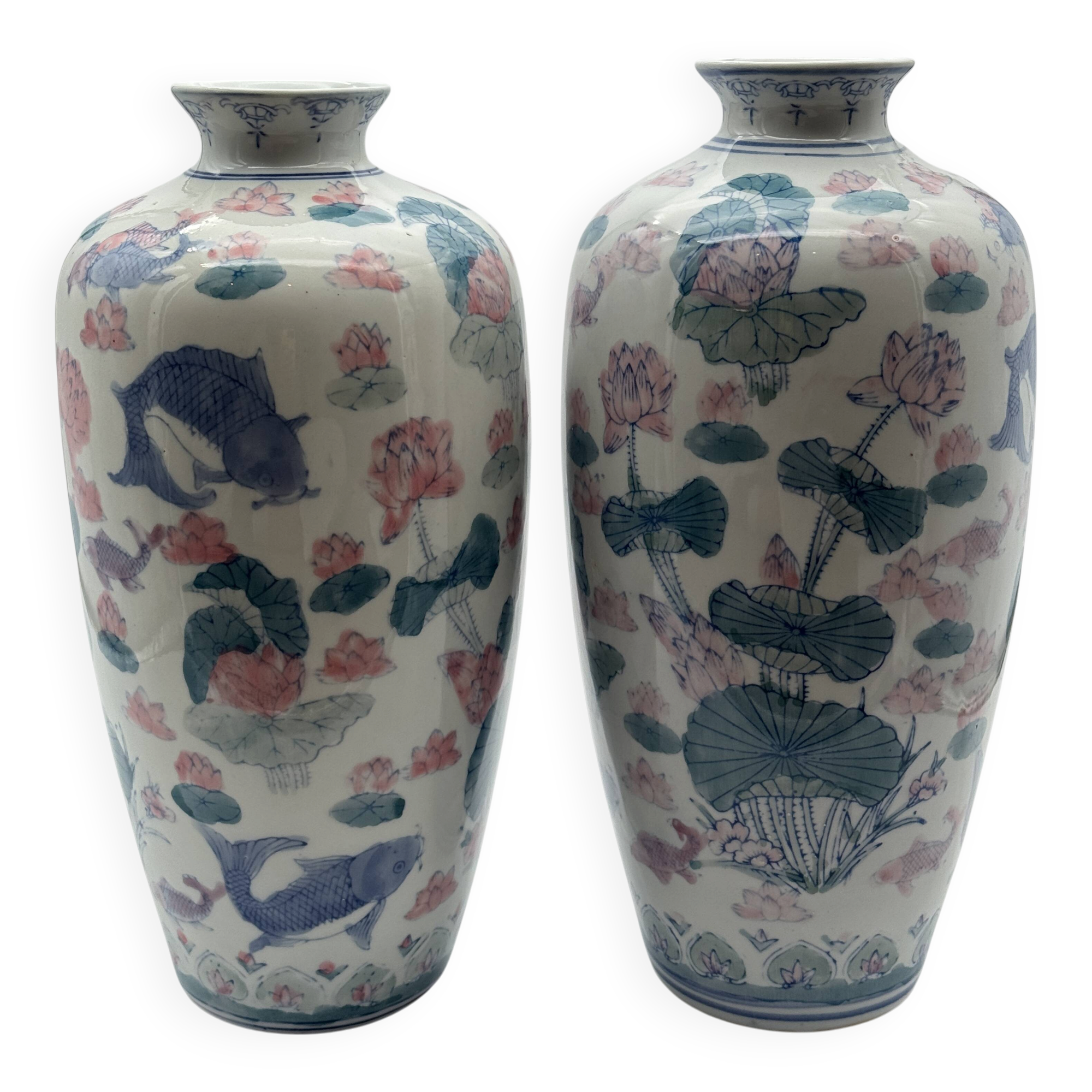 Pair of Baluster Vases Chinese Porcelain - Lotus & Carp - H35cm