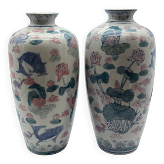 Pair of Baluster Vases Chinese Porcelain - Lotus & Carp - H35cm