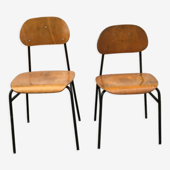 Pair of 2 vintage industrial school chairs wood metal 60s mid century