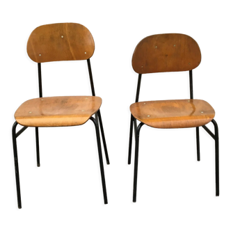 Pair of 2 vintage industrial school chairs wood metal 60s mid century